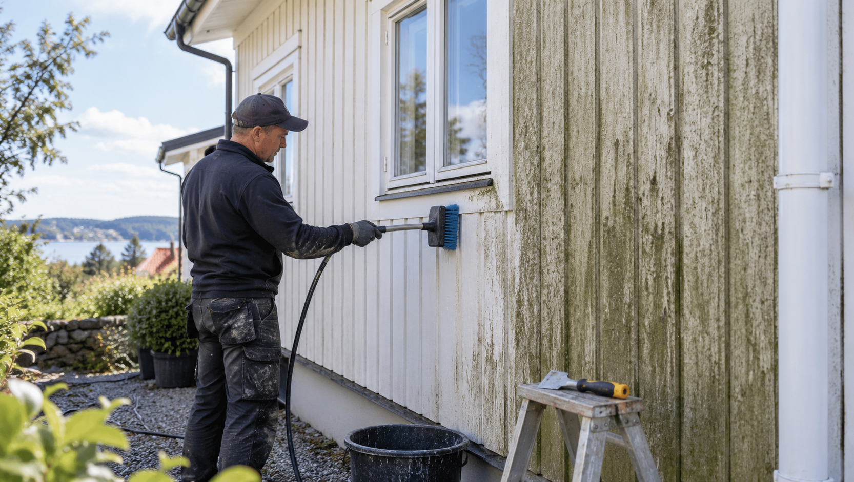 Fasadtvätt inför målning av träfasad med rengöring av smuts och påväxt
