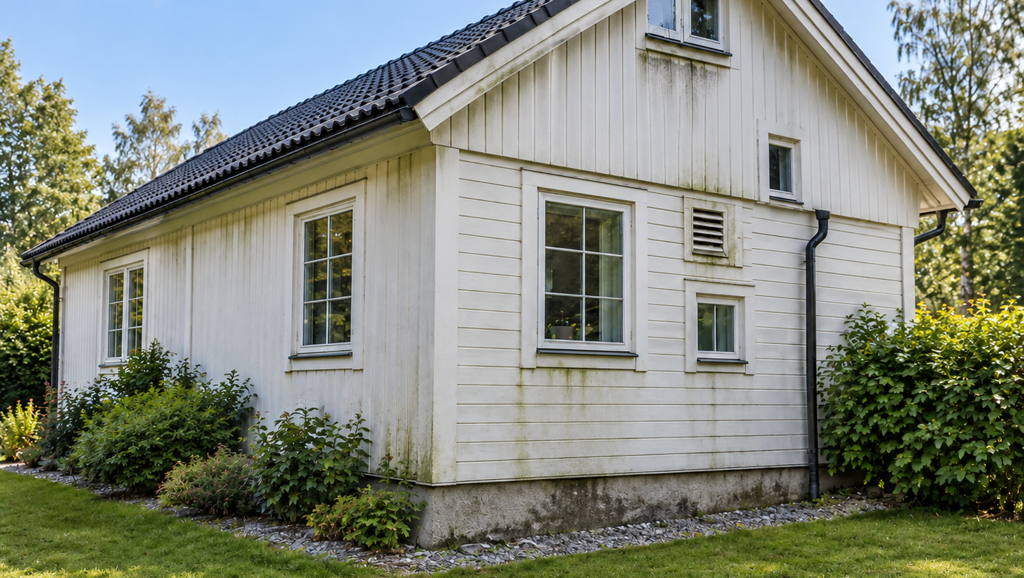 Vit träfasad med gröna alger och smuts som visar tecken på behov av fasadtvätt